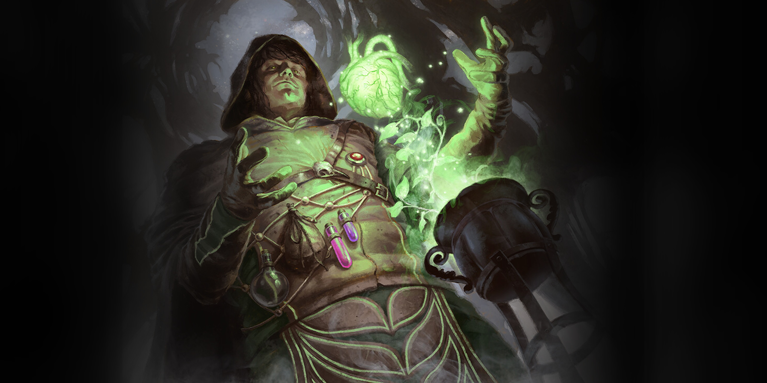 A hooded alchemist in a dark forest channeling a glowing green spell, fading into atmospheric woodland edges.